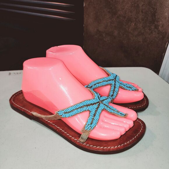 MYSTIQUE Sz 9 Teal Beaded Starfish Beach Resort Kuwai Leather Handmade Sandals - Picture 3 of 14
